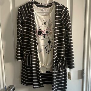 Striped Black and White Cardigan with Dog Print Tee